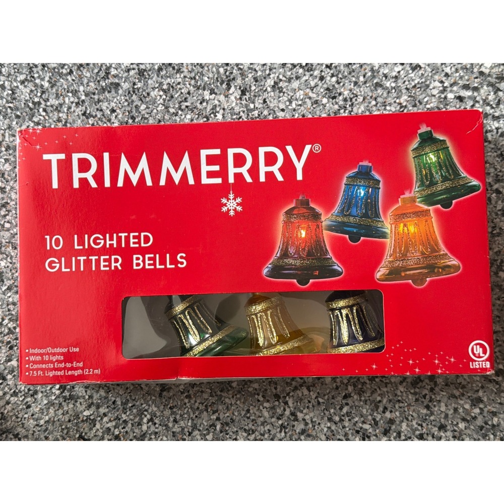 Trimmerry 10 Lighted Glitter Bells Multicolor Christmas String Lights 7.5ft New
